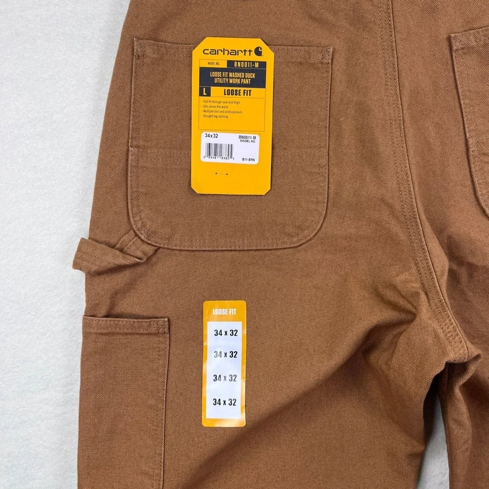 NWT! Carhartt Mens Loose Fit Washed Duck Utility Work Pants Brown 34x32 B11-BRN